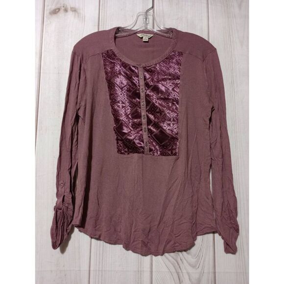 Lucky Brand Shirt Ladies Large Plum Long Sleeve Velour Chest Light Weight - Picture 1 of 6